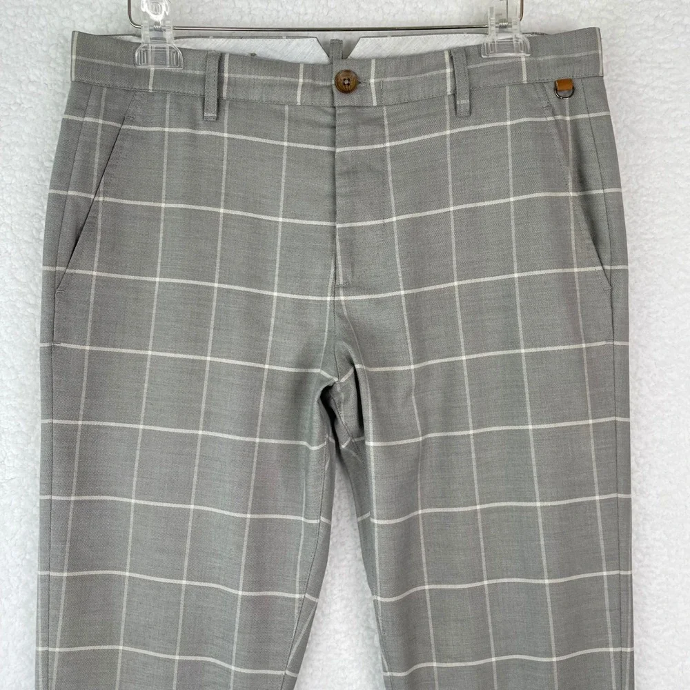 Zara Man Grey Windowpane Check Slim Fit Tailored Pants Mens 32 x 31 Trousers